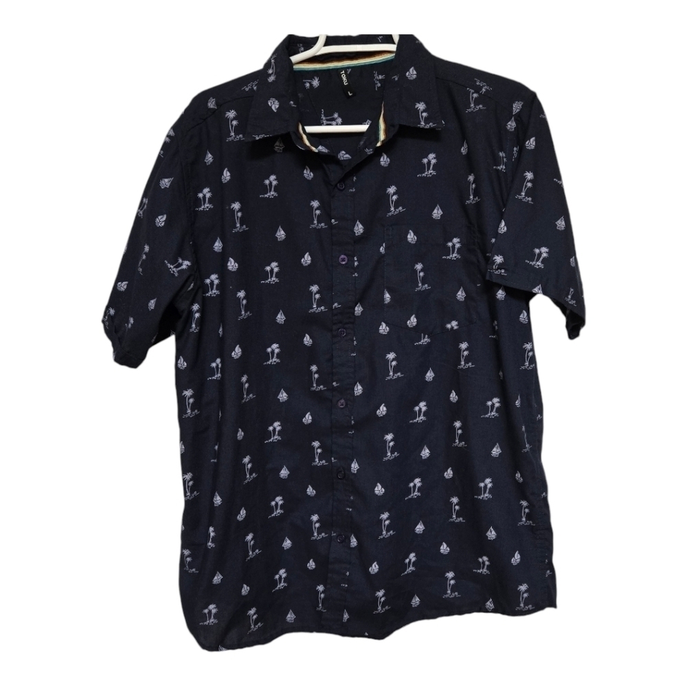 Toku Palm Tree Boat Print Button Up Shirt Men L Coastal Beach